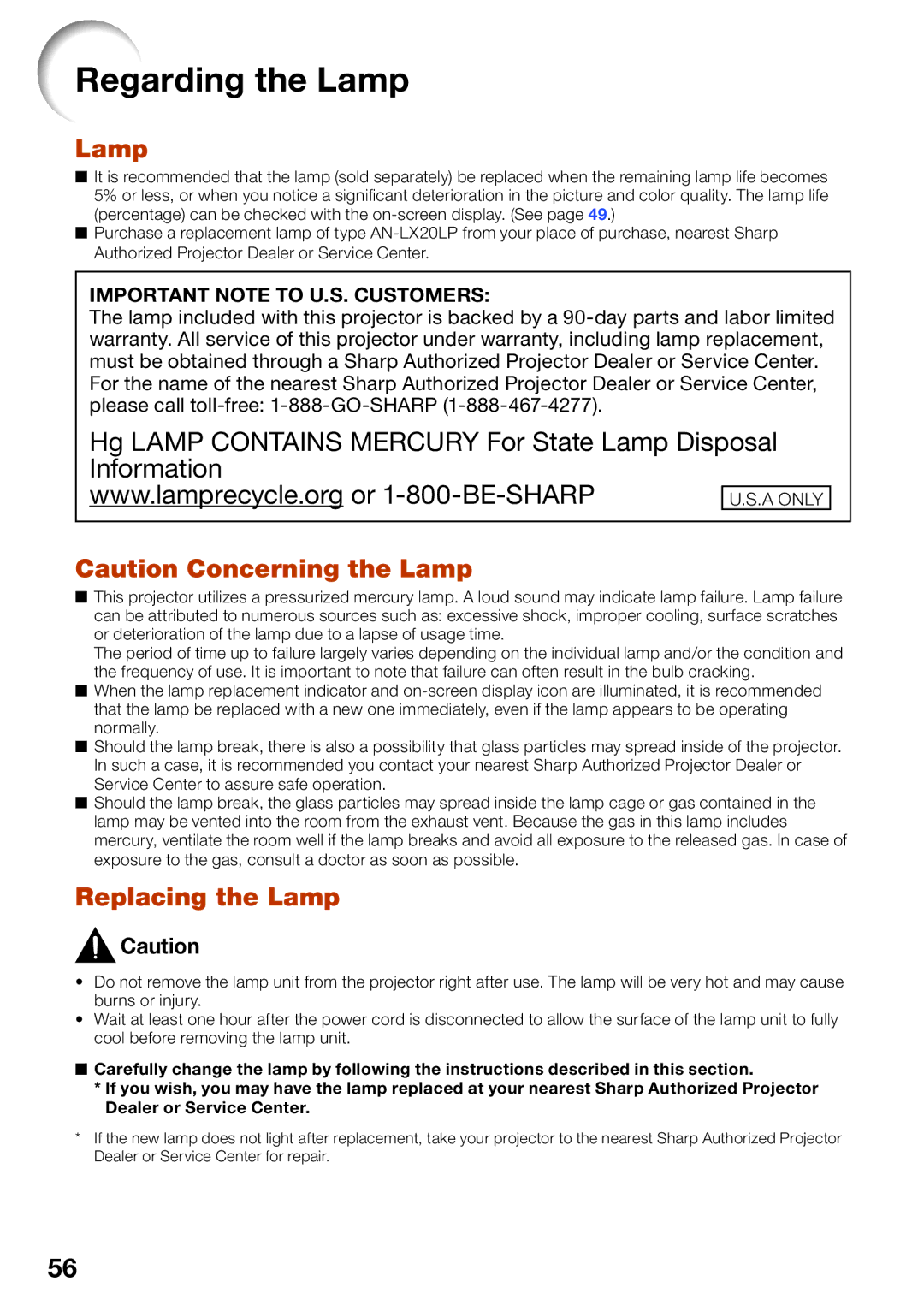 Sharp PG-LW2000, PGLW2000 appendix Regarding the Lamp, Replacing the Lamp 