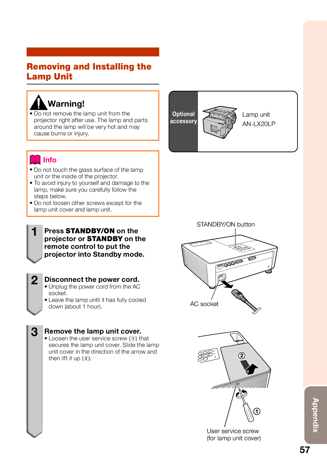 Sharp PGLW2000, PG-LW2000 Removing and Installing the Lamp Unit, Remove the lamp unit cover, STANDBY/ON button AC socket 