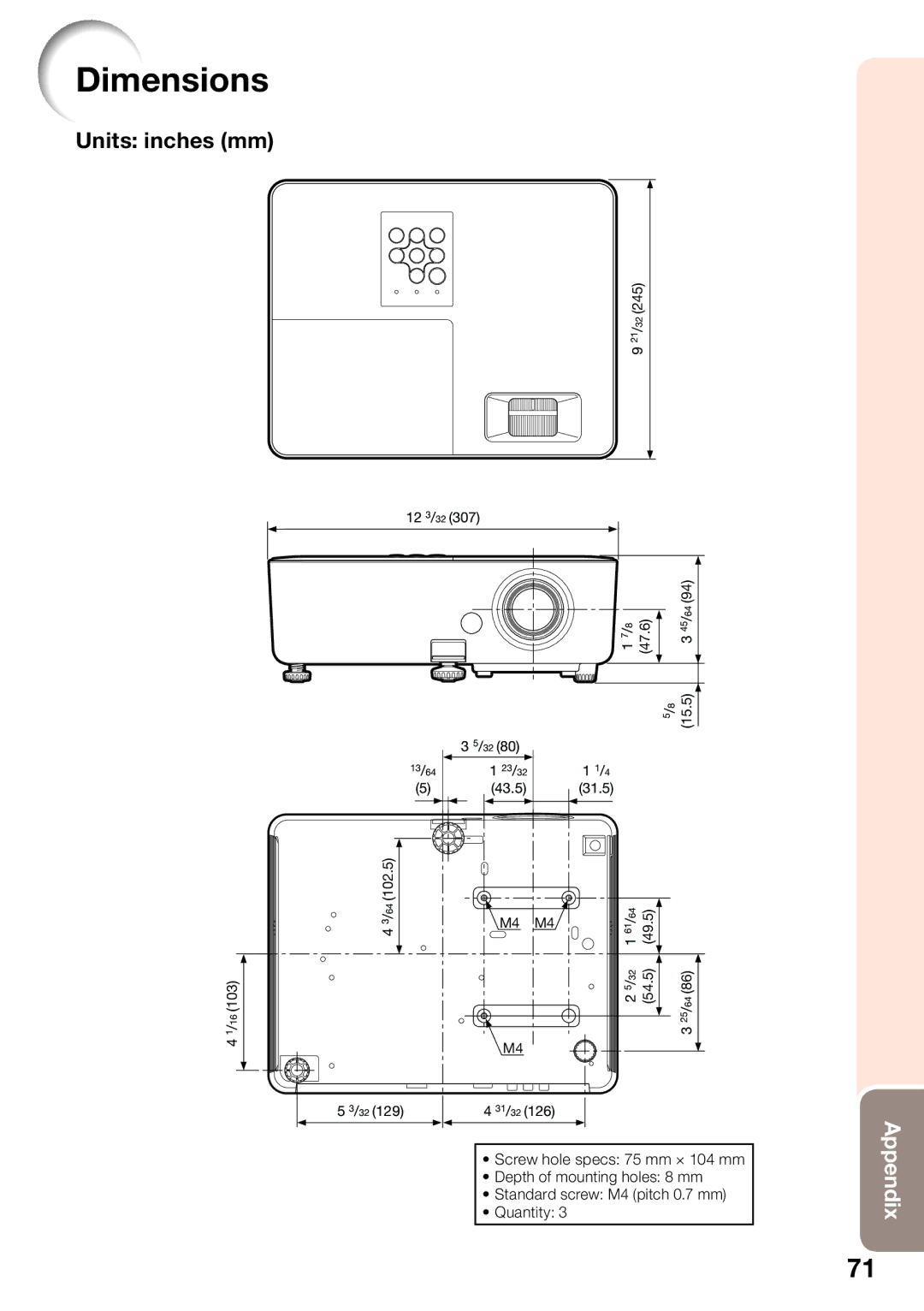 Sharp PGLW2000, PG-LW2000 appendix Dimensions, Units inches mm 