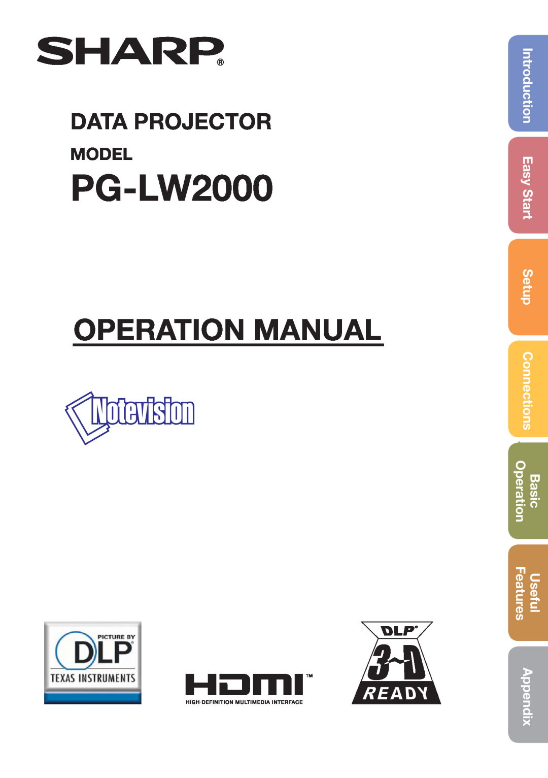 Sharp PGLW2000 appendix Introduction, Easy Start, Connections, Basic, Useful, Appendix, Setup, Operation, Features, Model 