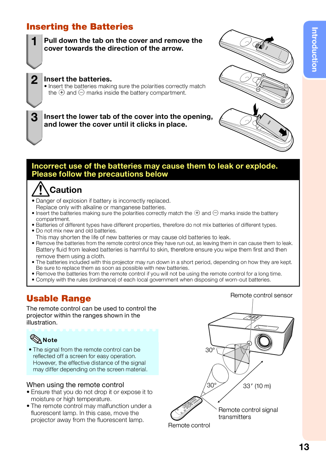 Sharp PG-LW2000 appendix Inserting the Batteries, Usable Range, Remote control signal transmitters 