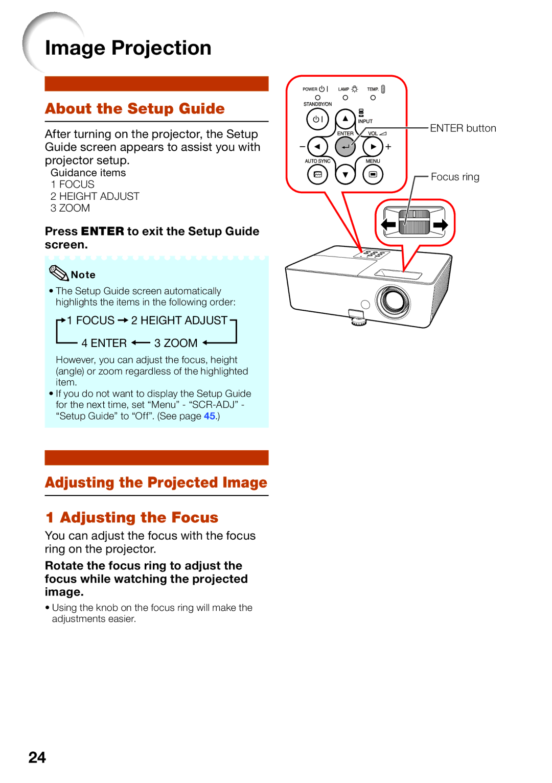 Sharp PG-LW2000 appendix Image Projection, About the Setup Guide, Adjusting the Projected Image Adjusting the Focus 