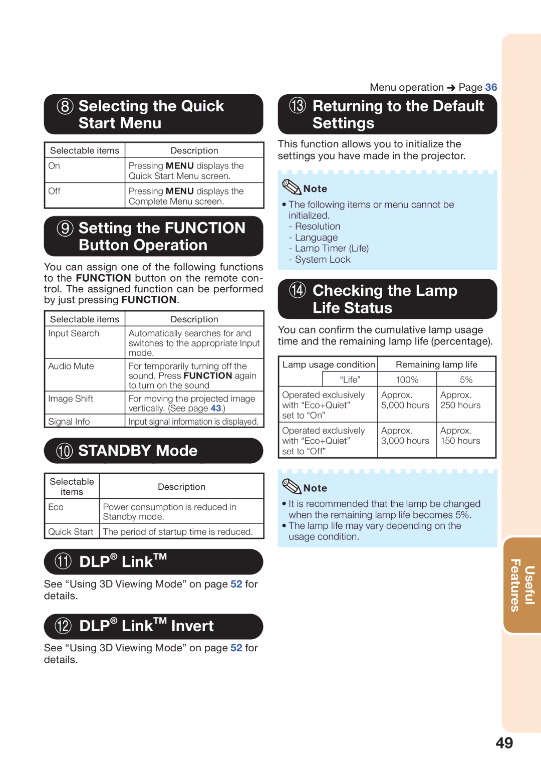 Sharp PG-LW2000 appendix Selecting the Quick Start Menu, Setting the Function Button Operation, Standby Mode, DLP LinkTM 