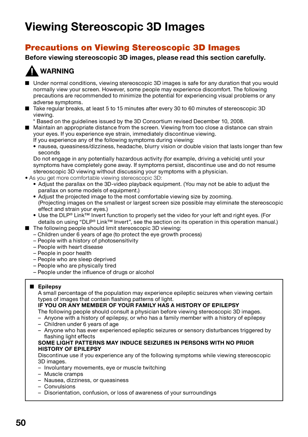 Sharp PG-LW2000 appendix Precautions on Viewing Stereoscopic 3D Images 