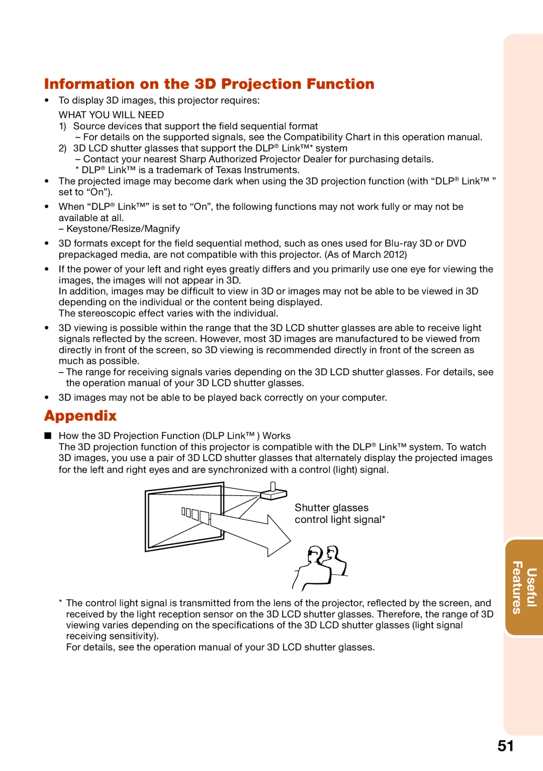 Sharp PG-LW2000 appendix Information on the 3D Projection Function, Appendix, Shutter glasses control light signal 