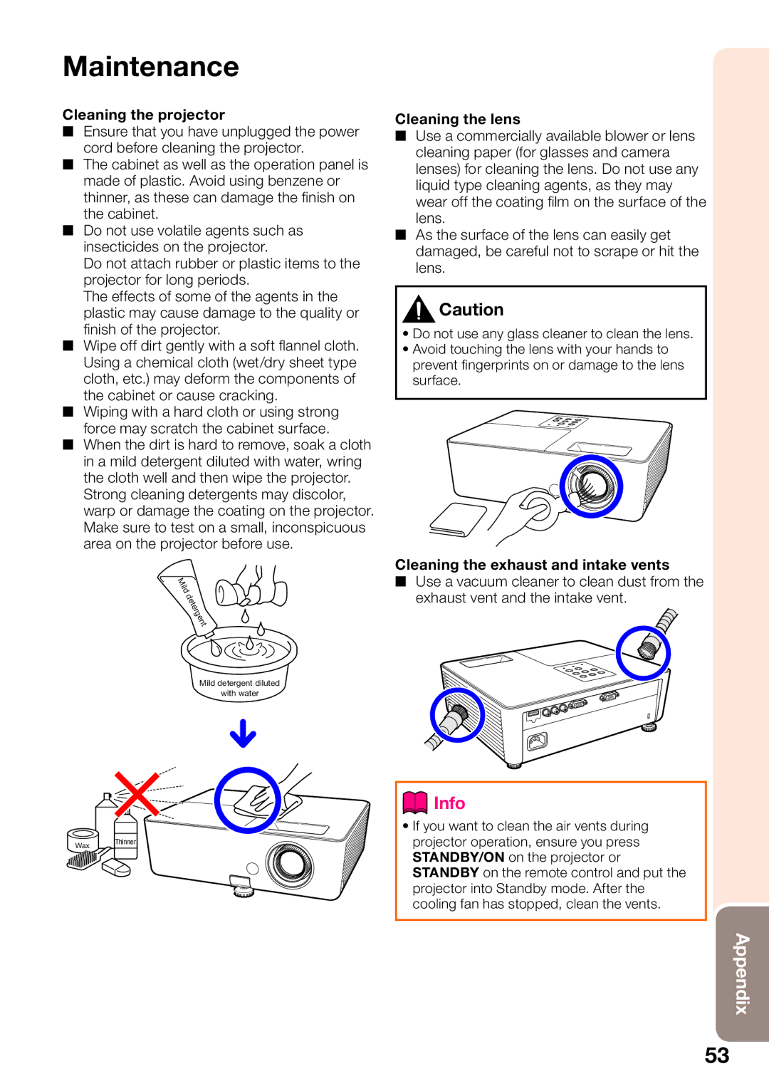 Sharp PG-LW2000 appendix Maintenance, Cleaning the projector 