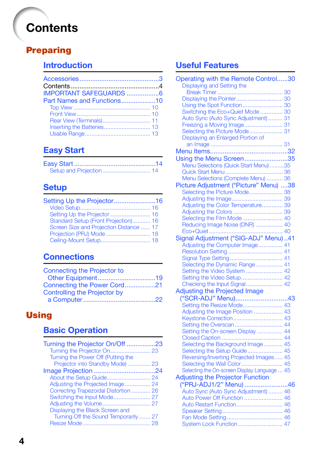 Sharp PG-LW2000 appendix Contents 