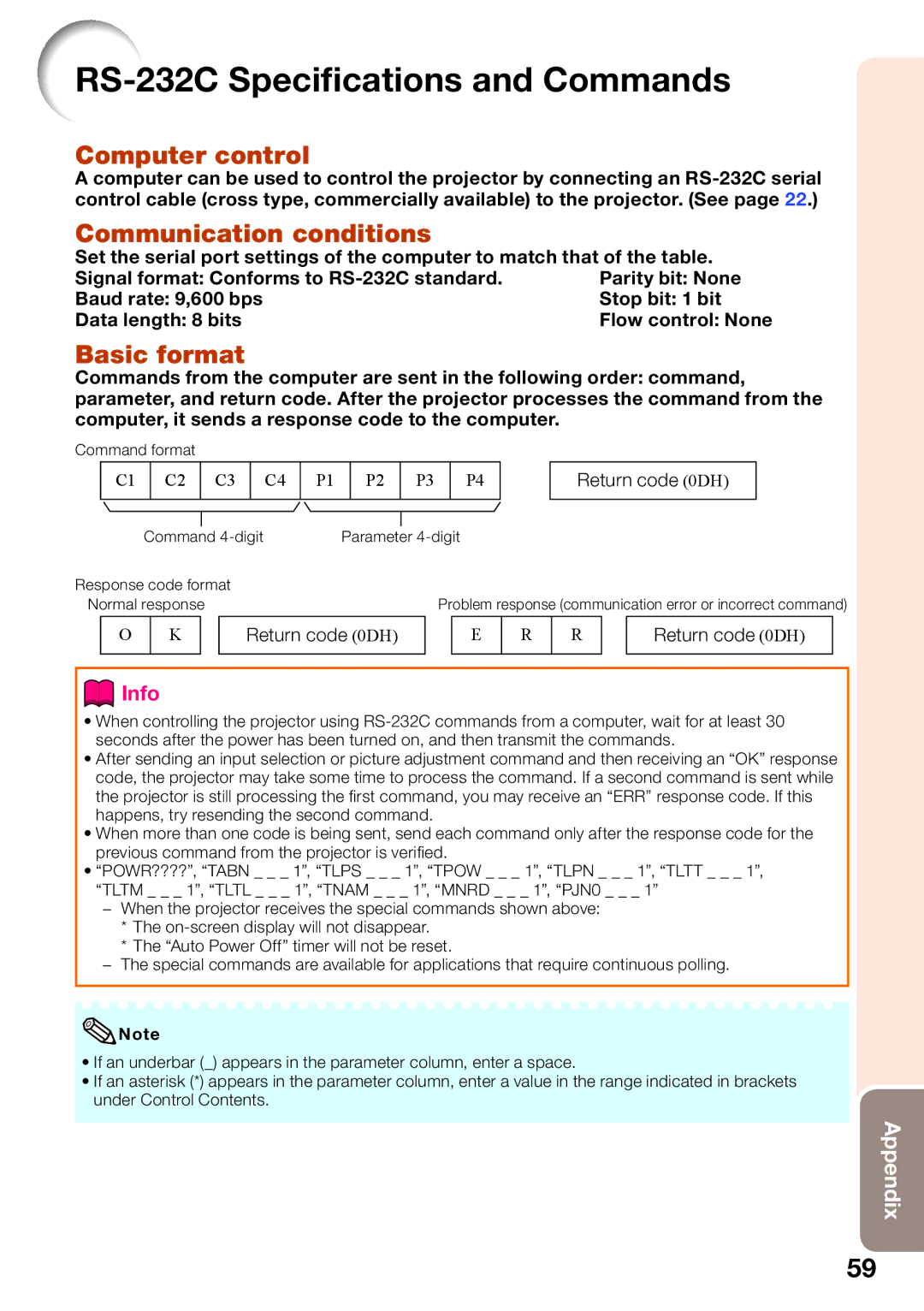 Sharp PG-LW2000 appendix RS-232C Speciﬁcations and Commands, Computer control, Communication conditions, Basic format 