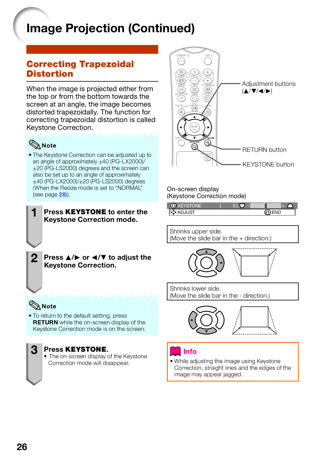 Sharp PG-LX2000, PG-LS2000 appendix Correcting Trapezoidal Distortion, Press Keystone to enter the Keystone Correction mode 