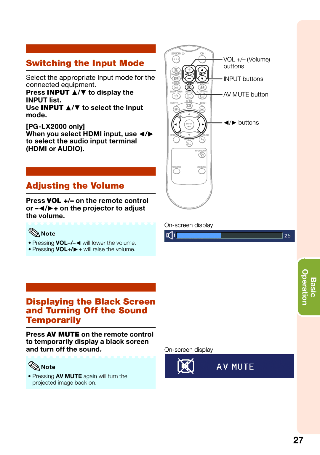 Sharp PG-LS2000, PG-LX2000 appendix Switching the Input Mode, Adjusting the Volume 