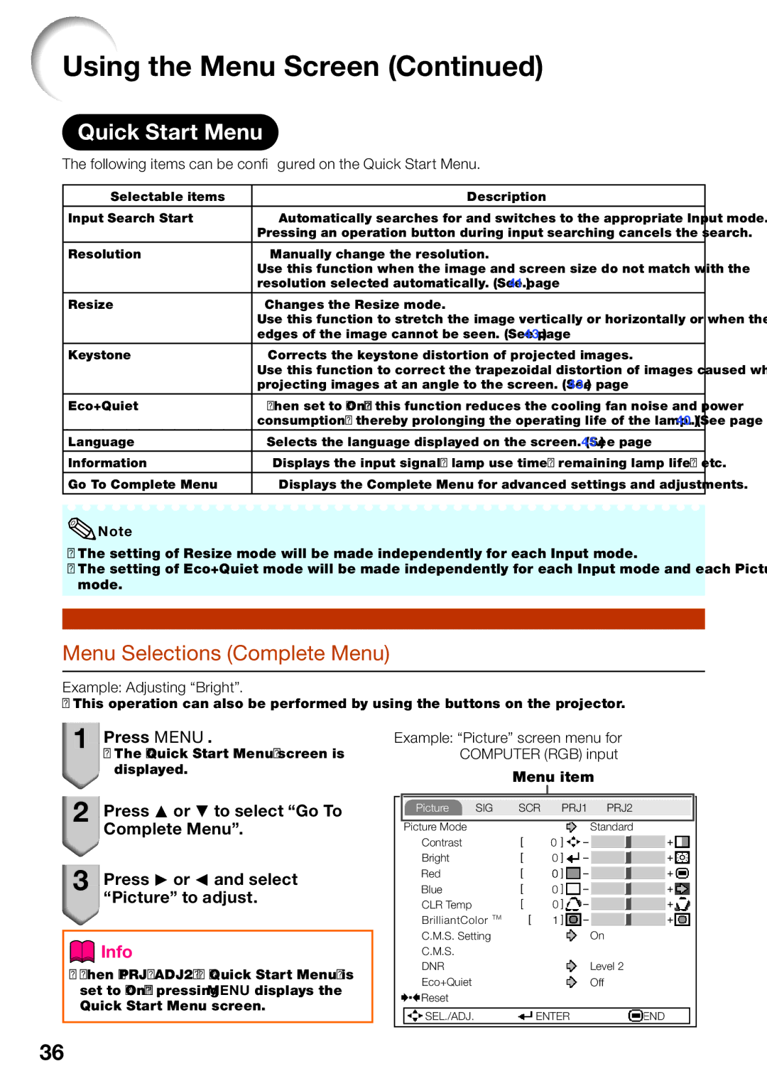 Sharp PG-LX2000, PG-LS2000 Menu Selections Complete Menu, Following items can be conﬁgured on the Quick Start Menu 