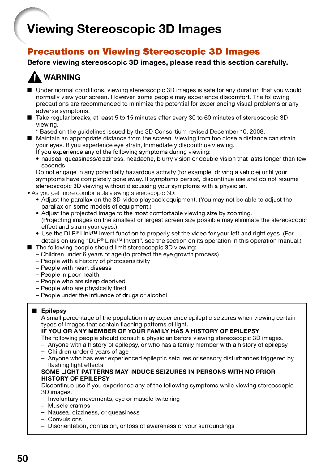 Sharp PG-LX2000, PG-LS2000 appendix Precautions on Viewing Stereoscopic 3D Images 