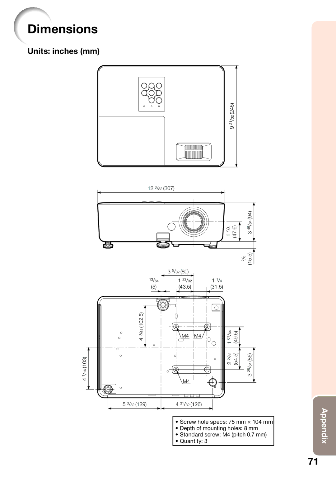 Sharp PG-LS2000, PG-LX2000 appendix Dimensions, Units inches mm 