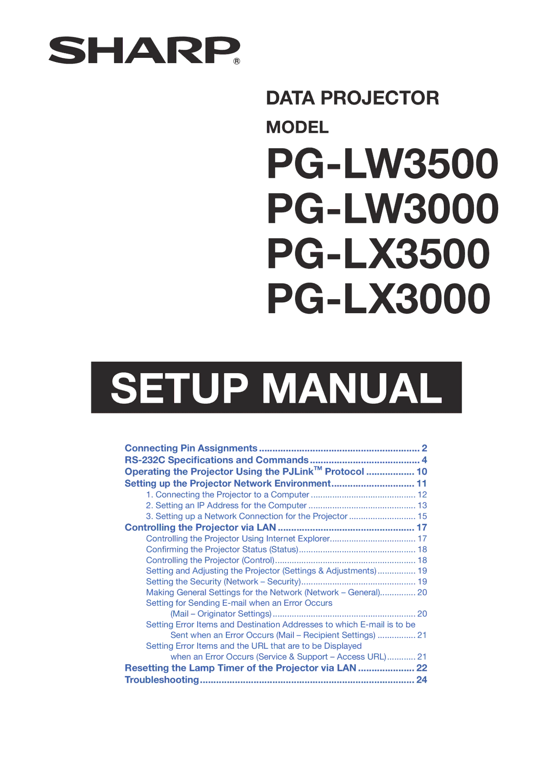 Sharp PGLX3500, PG-LX3500, PGLX3000, PG-LX3000, PG-LW3500, PG-LW3000, PGLW3500, PGLW3000 specifications Setup Manual 