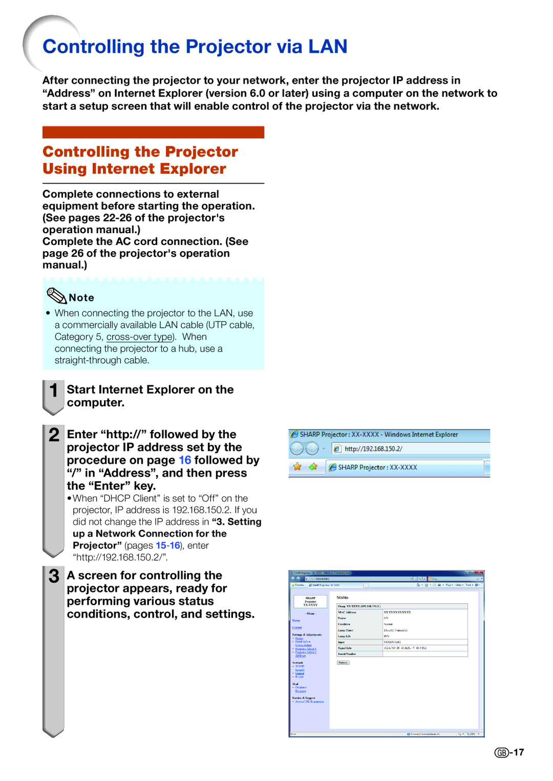 Sharp PGLX3500, PG-LX3500, PGLX3000 Controlling the Projector via LAN, Controlling the Projector Using Internet Explorer 