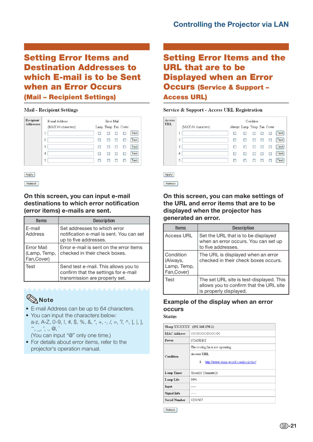 Sharp PG-LW3000, PG-LX3500, PGLX3500, PGLX3000, PG-LX3000, PG-LW3500, PGLW3500, PGLW3000 specifications Mail Recipient Settings 