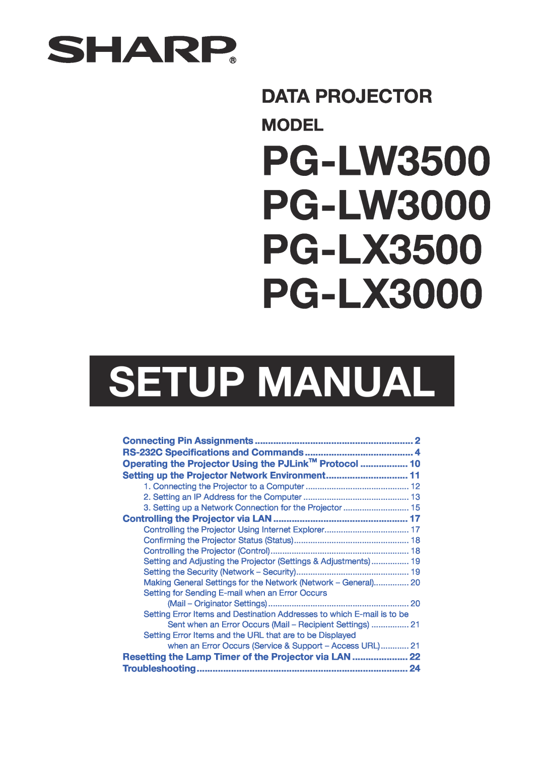 Sharp PGLX3500, PGLX3000 specifications PG-LW3500 PG-LW3000 PG-LX3500 PG-LX3000, Setup Manual, Data Projector, Model 