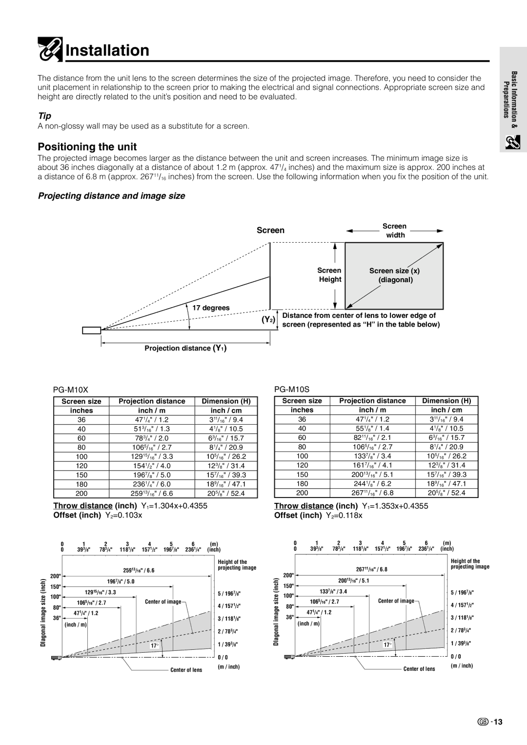 Sharp PG-M10X operation manual Installation, Positioning the unit, Tip, Projecting distance and image size, Screen 