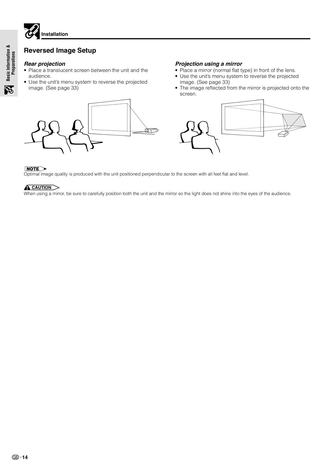 Sharp PG-M10X operation manual Reversed Image Setup, Rear projection, Projection using a mirror 