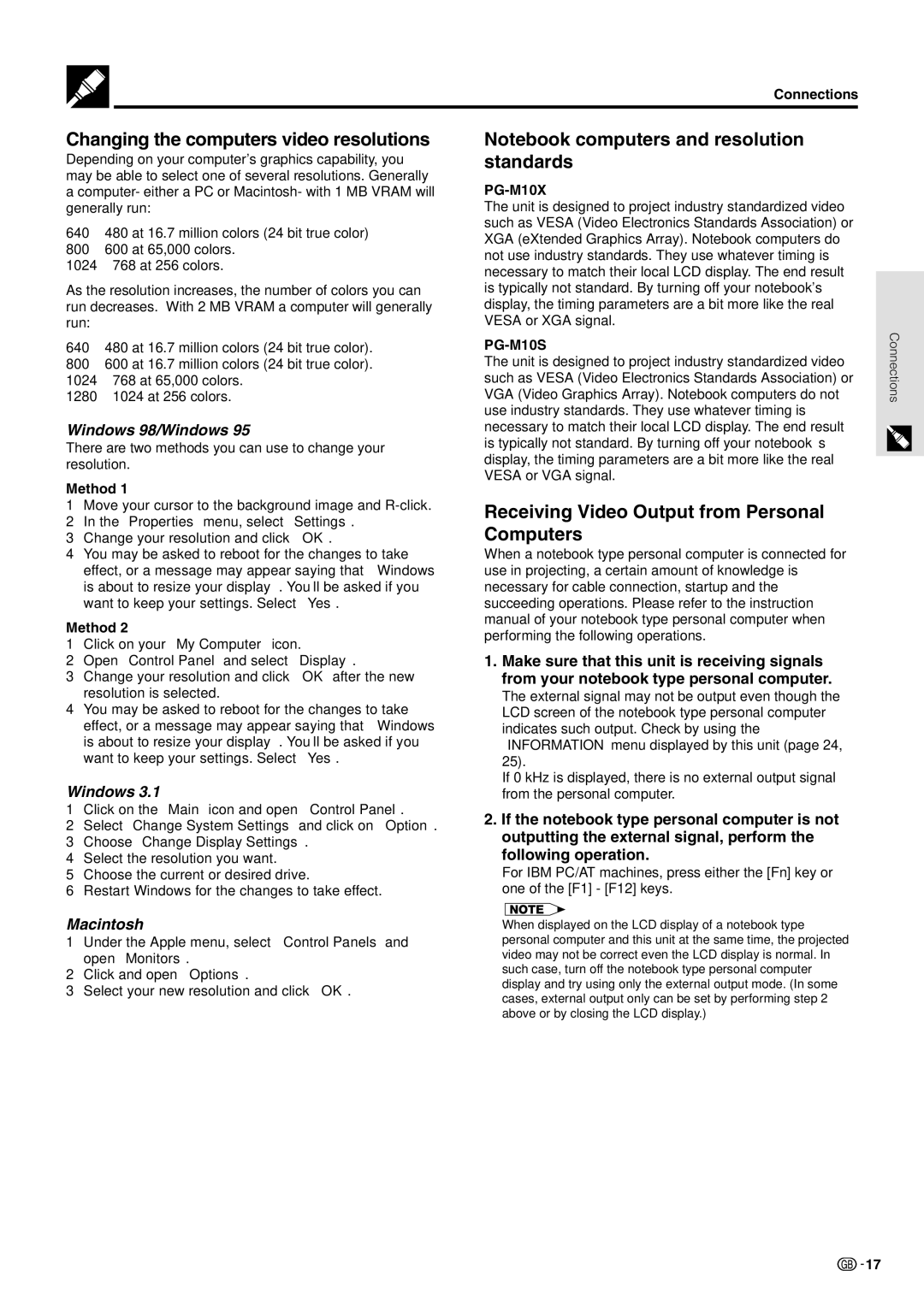 Sharp PG-M10X Changing the computer’s video resolutions, Receiving Video Output from Personal Computers, Windows 