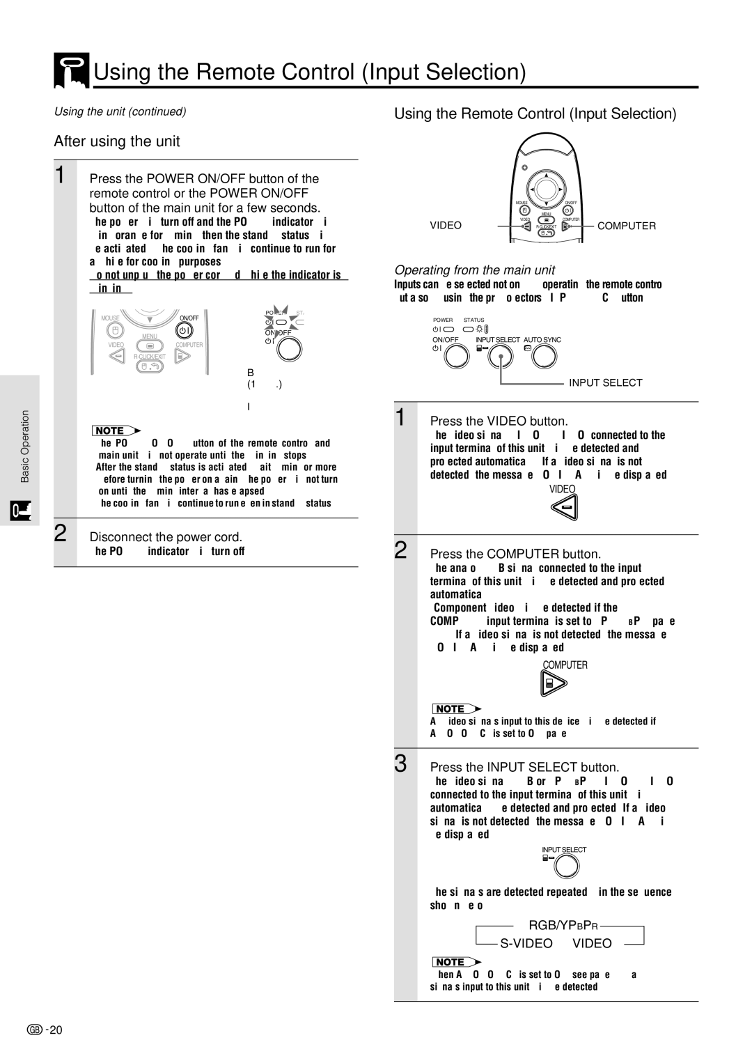 Sharp PG-M10X operation manual Using the Remote Control Input Selection, After using the unit, Operating from the main unit 