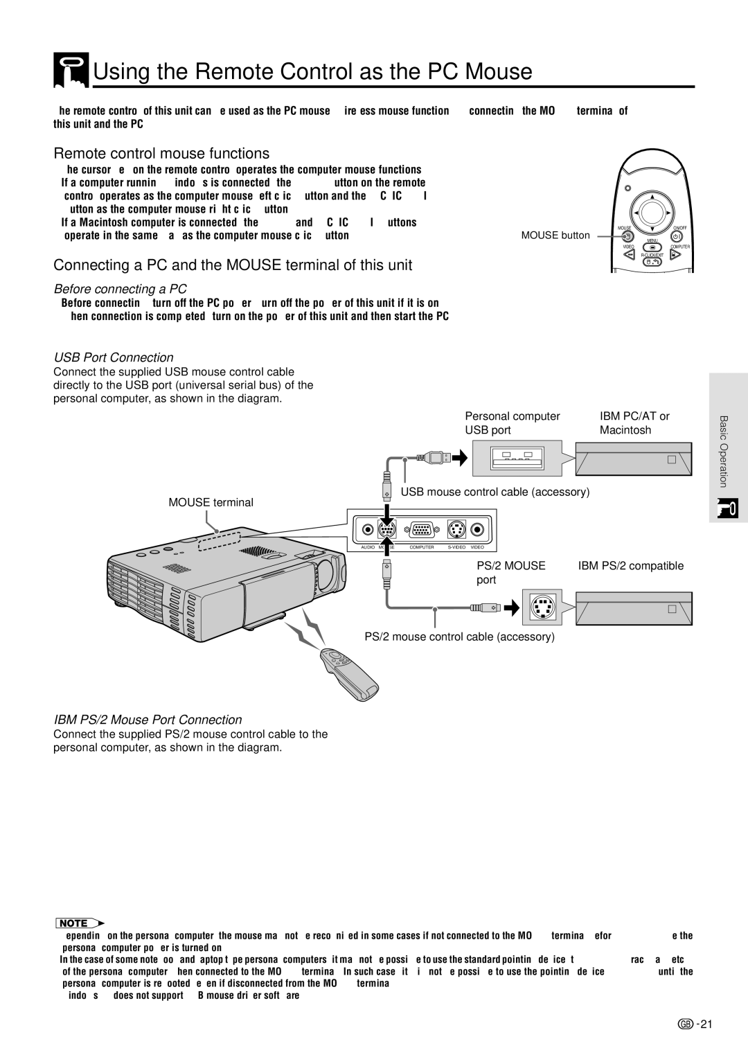 Sharp PG-M10X operation manual Using the Remote Control as the PC Mouse, Remote control mouse functions 