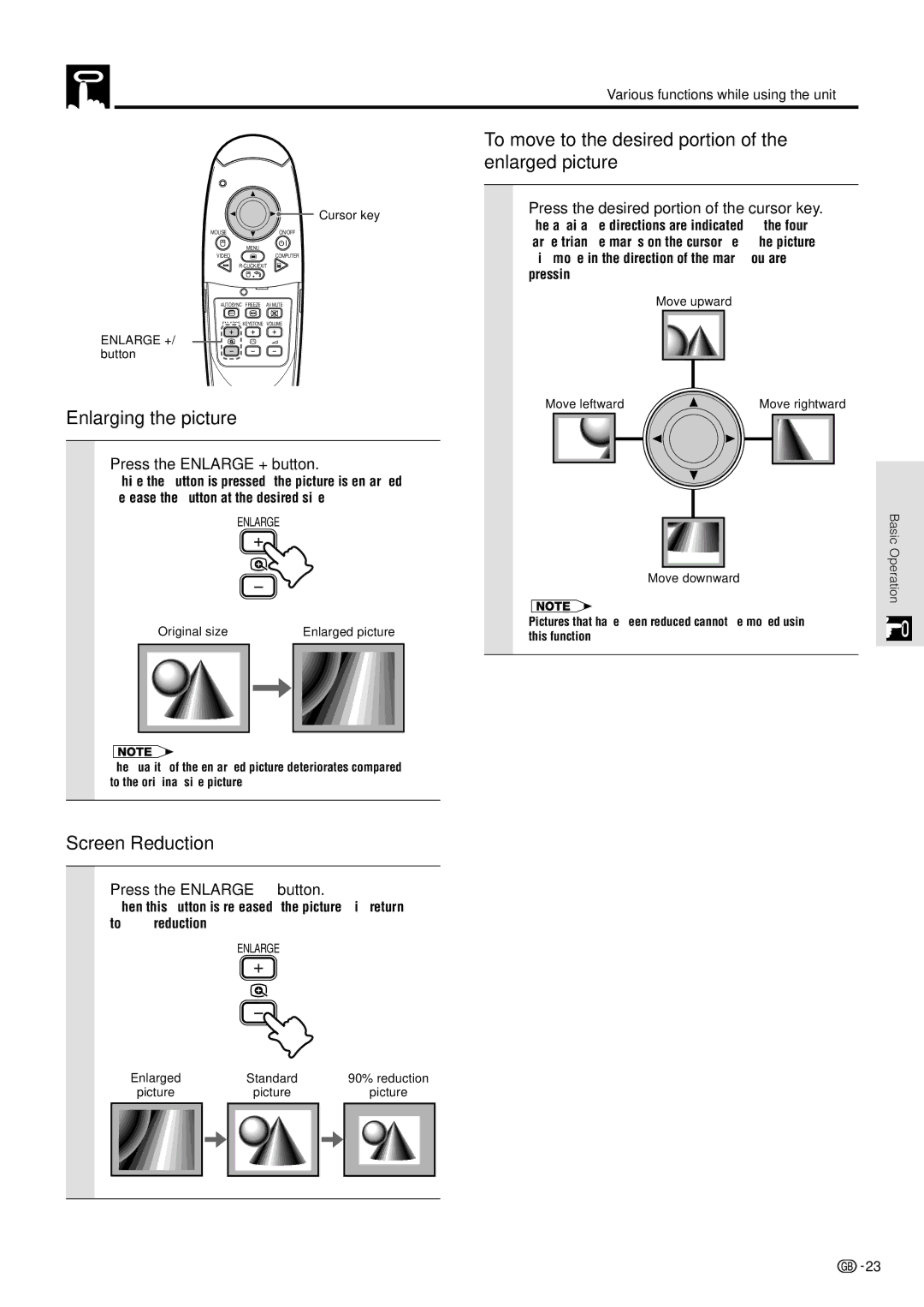 Sharp PG-M10X Enlarging the picture, To move to the desired portion of the enlarged picture, Screen Reduction 