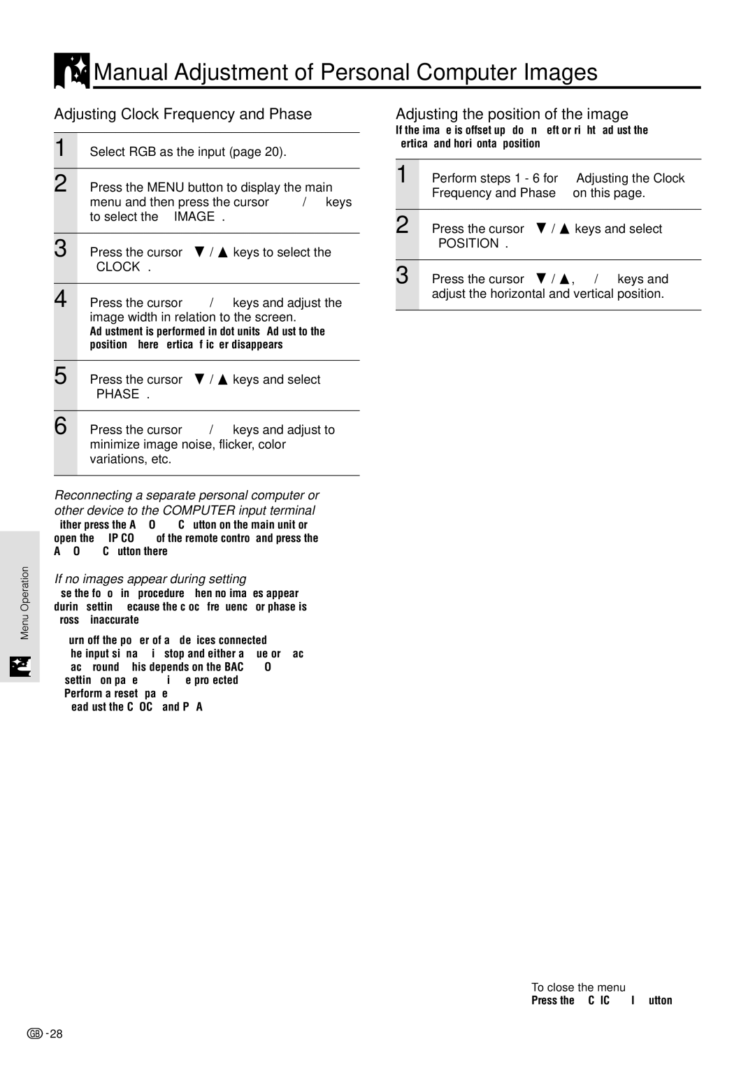 Sharp PG-M10X operation manual Manual Adjustment of Personal Computer Images, Adjusting Clock Frequency and Phase 