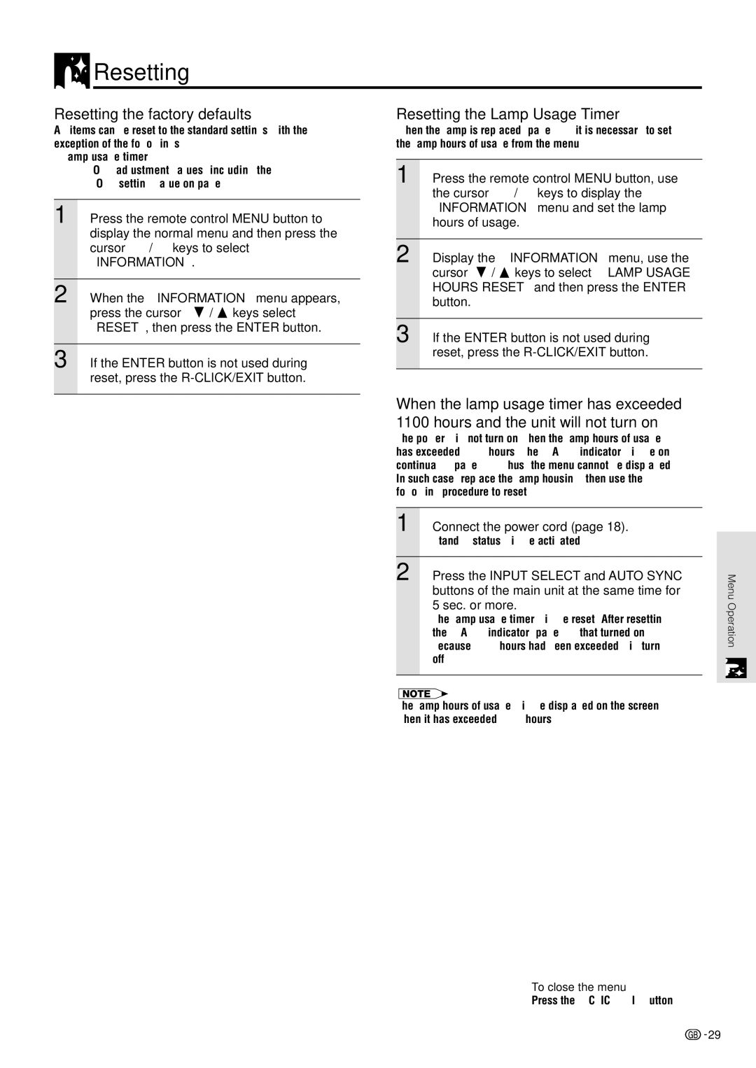 Sharp PG-M10X operation manual Resetting the factory defaults, Resetting the Lamp Usage Timer 