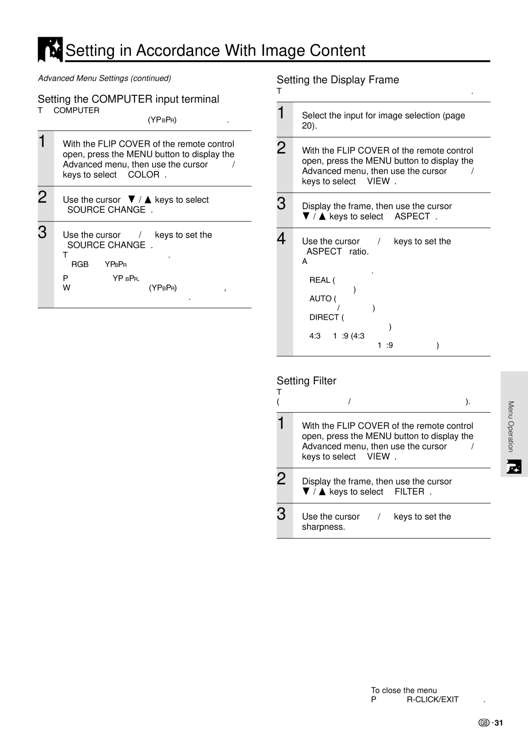 Sharp PG-M10X Setting in Accordance With Image Content, Setting the Computer input terminal, Setting the Display Frame 