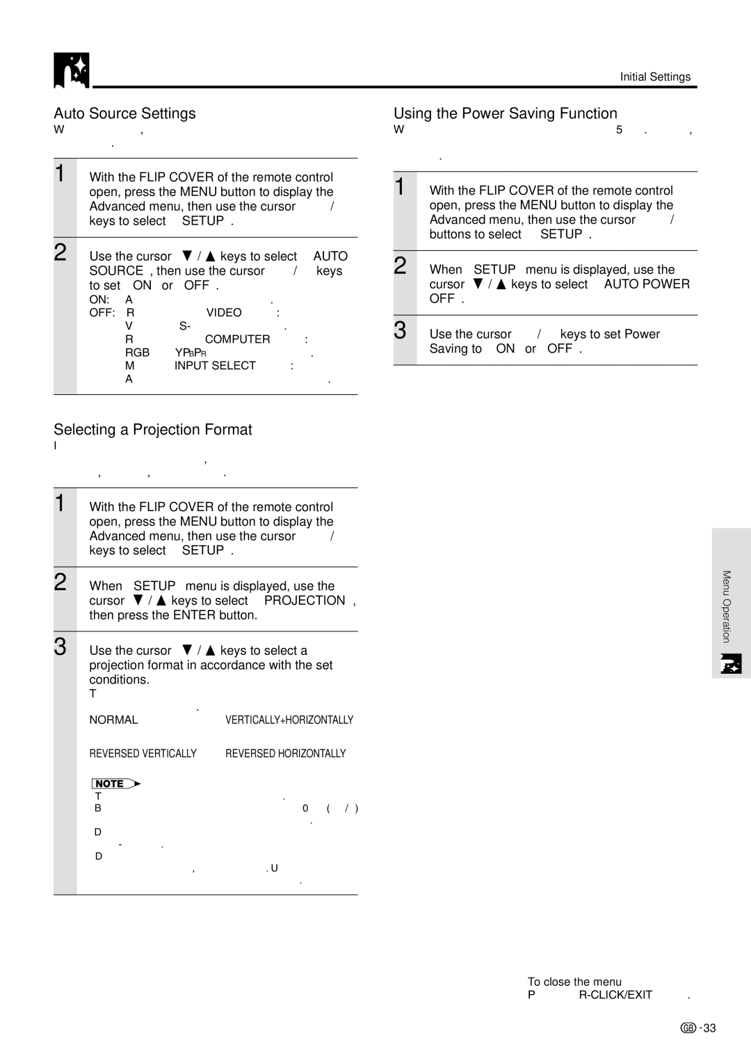 Sharp PG-M10X Auto Source Settings, Using the Power Saving Function, Selecting a Projection Format, Initial Settings 