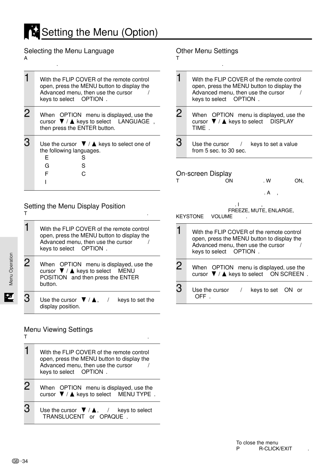 Sharp PG-M10X Setting the Menu Option, Selecting the Menu Language Other Menu Settings, Setting the Menu Display Position 