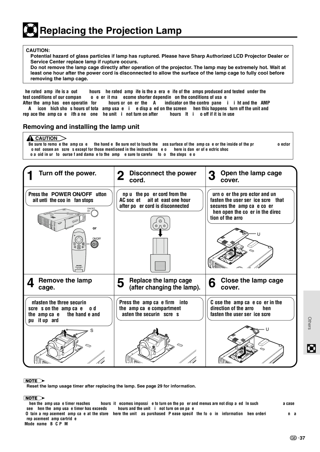 Sharp PG-M10X operation manual Replacing the Projection Lamp, Removing and installing the lamp unit 