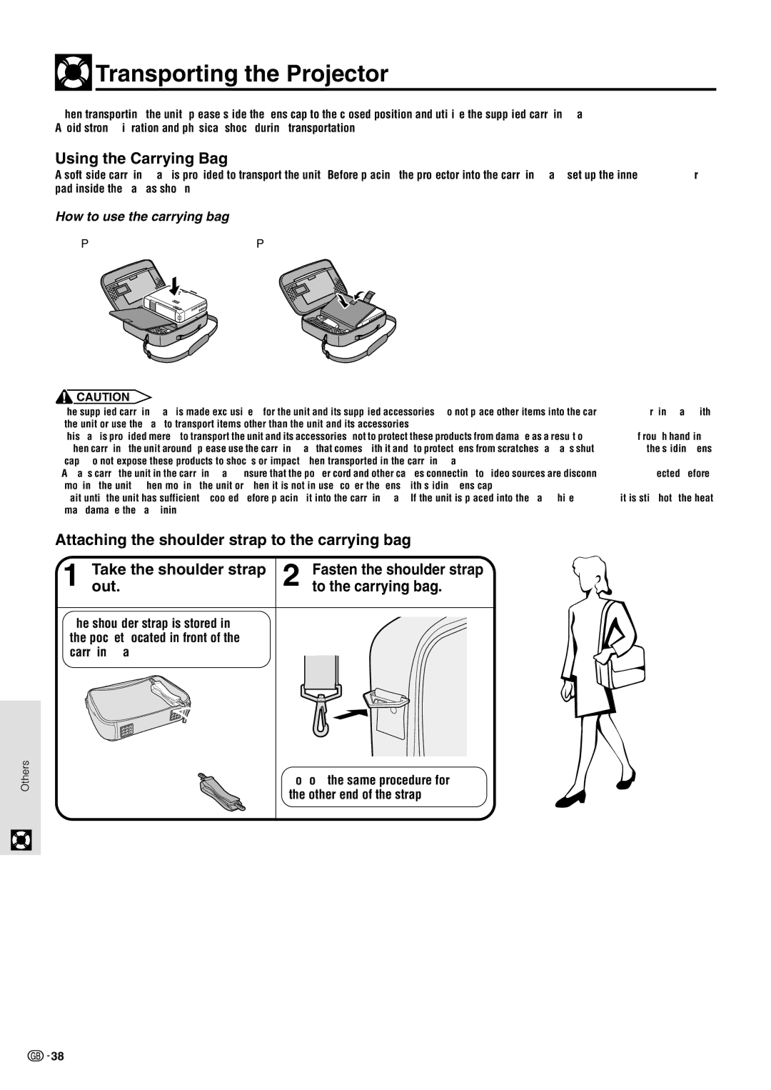 Sharp PG-M10X Transporting the Projector, Using the Carrying Bag, Out To the carrying bag, How to use the carrying bag 