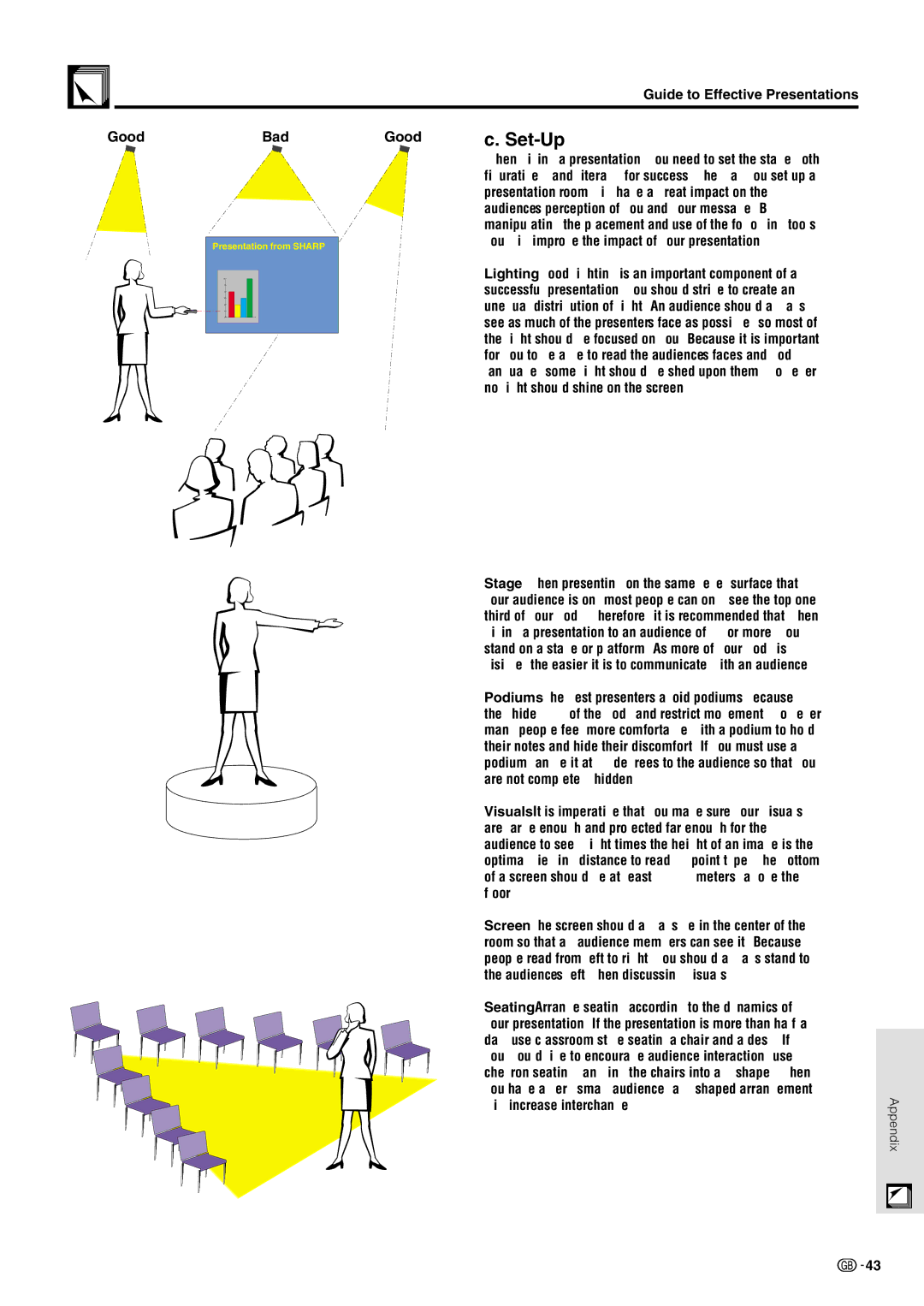 Sharp PG-M10X operation manual Set-Up, Guide to Effective Presentations Good Bad 