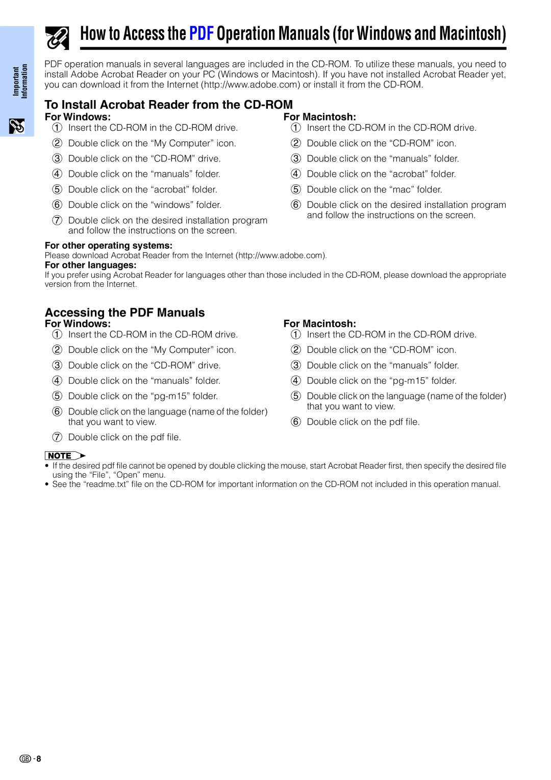 Sharp PG-M15X appendix To Install Acrobat Reader from the CD-ROM, For Windows, For Macintosh, For other operating systems 