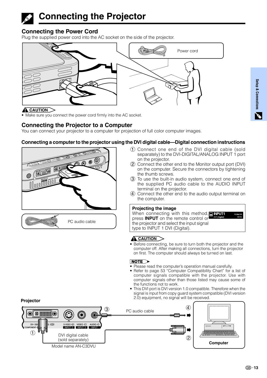 Sharp PG-M15X appendix Connecting the Power Cord, Connecting the Projector to a Computer, Projecting the image 