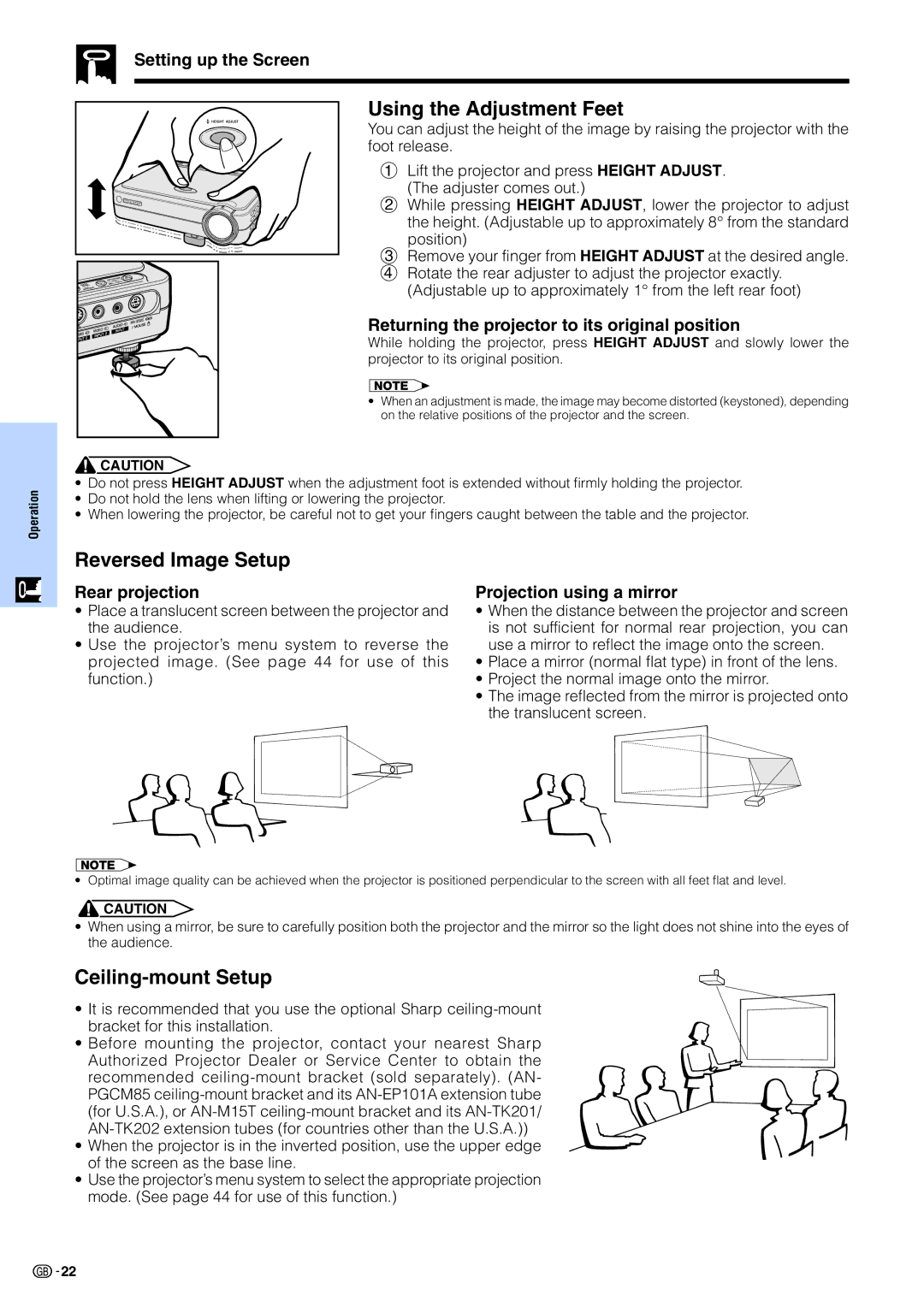 Sharp PG-M15X appendix Using the Adjustment Feet, Reversed Image Setup, Ceiling-mount Setup 