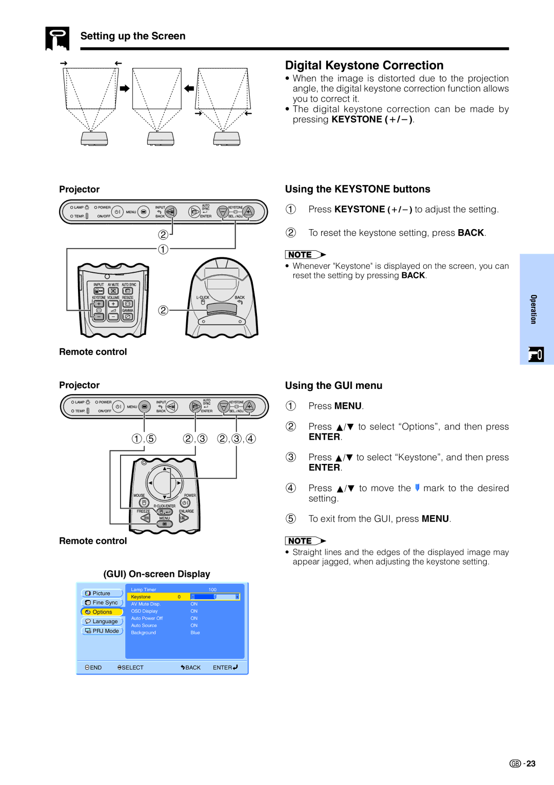 Sharp PG-M15X Digital Keystone Correction, Using the Keystone buttons, Remote control Projector, GUI On-screen Display 