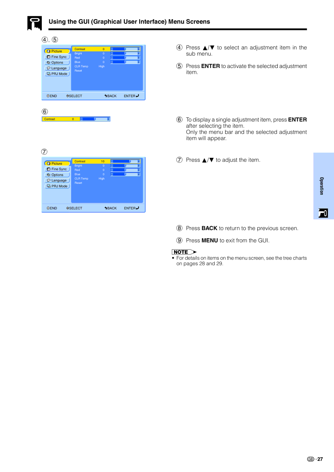 Sharp PG-M15X appendix Using the GUI Graphical User Interface Menu Screens 