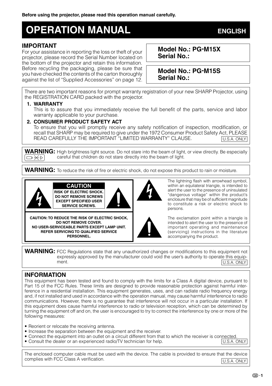 Sharp PG-M15X appendix English 