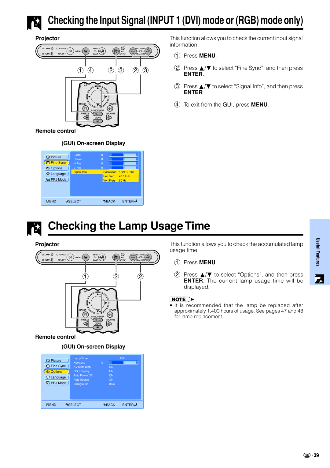 Sharp PG-M15X appendix Checking the Lamp Usage Time, Projector Remote control GUI On-screen Display 