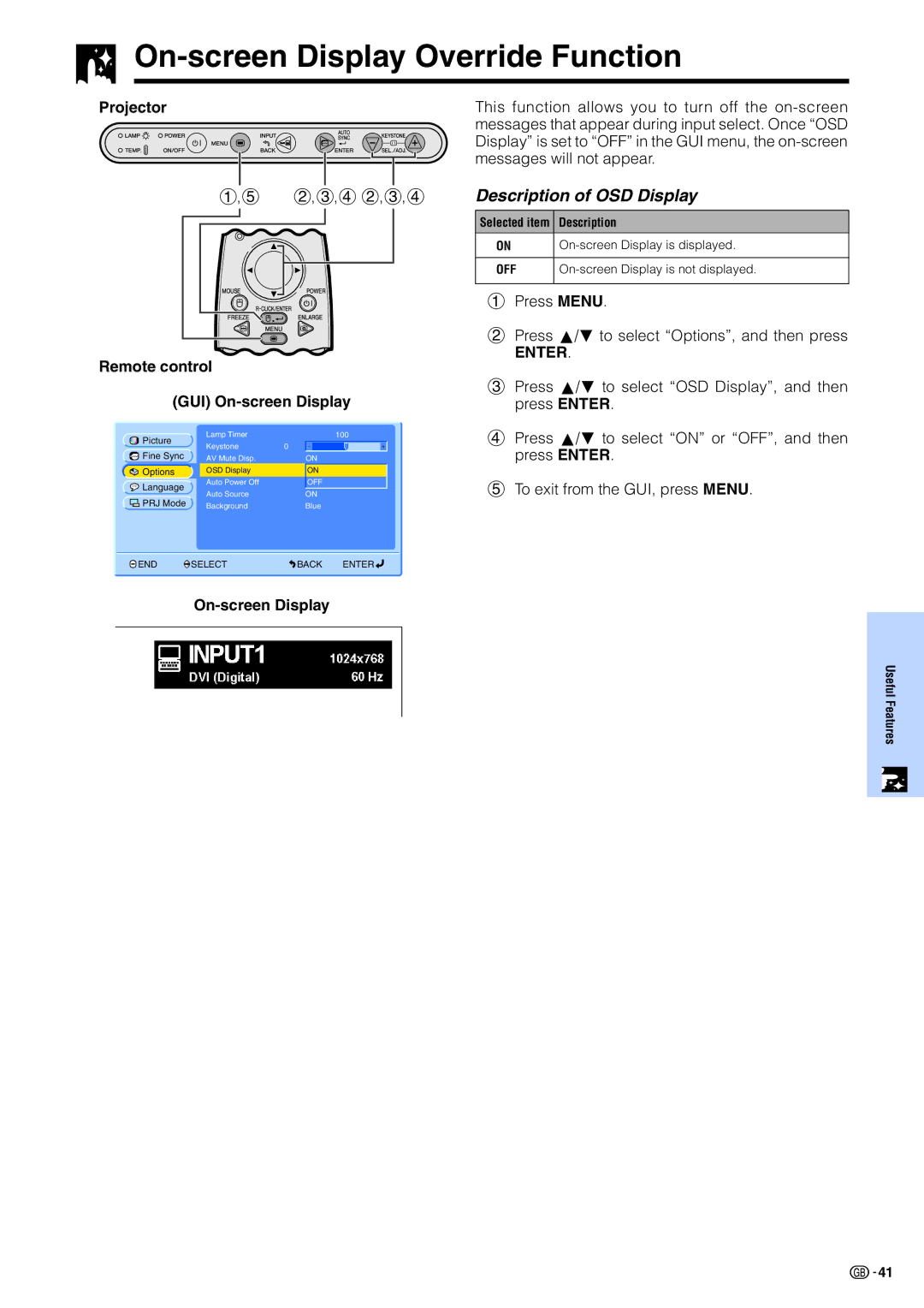 Sharp PG-M15X appendix On-screen Display Override Function, Description of OSD Display 