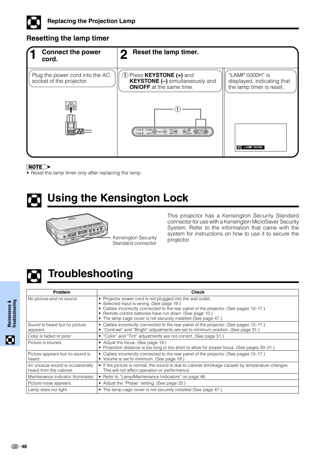 Sharp PG-M15X appendix Using the Kensington Lock, Troubleshooting, Resetting the lamp timer, Replacing the Projection Lamp 