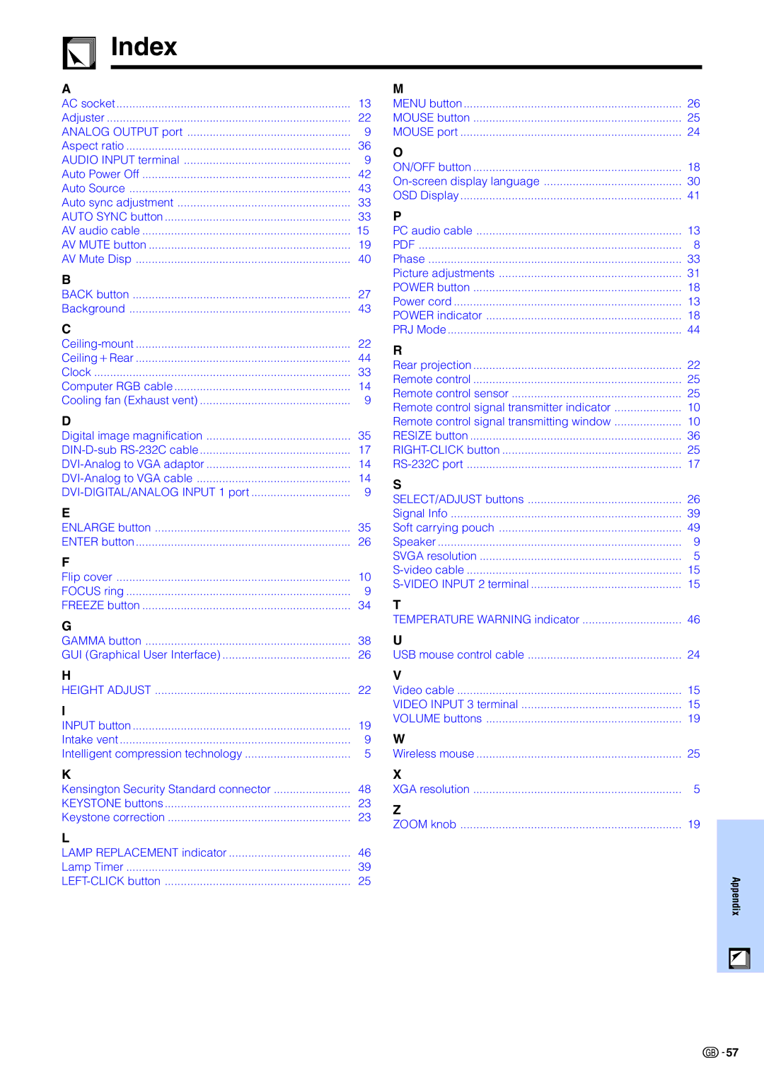 Sharp PG-M15X appendix Index, Height Adjust 