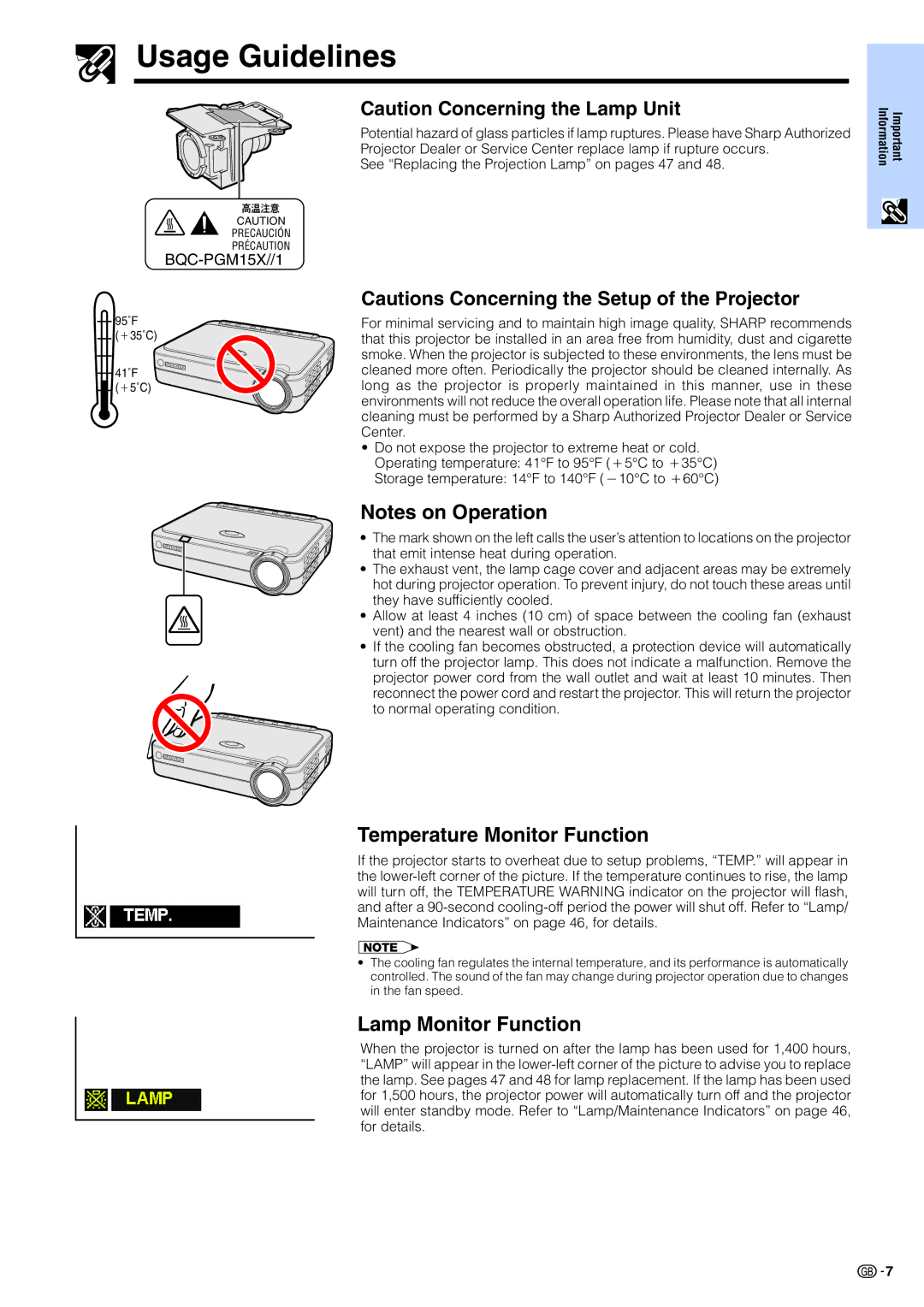 Sharp PG-M15X appendix Usage Guidelines, Temperature Monitor Function, Lamp Monitor Function 