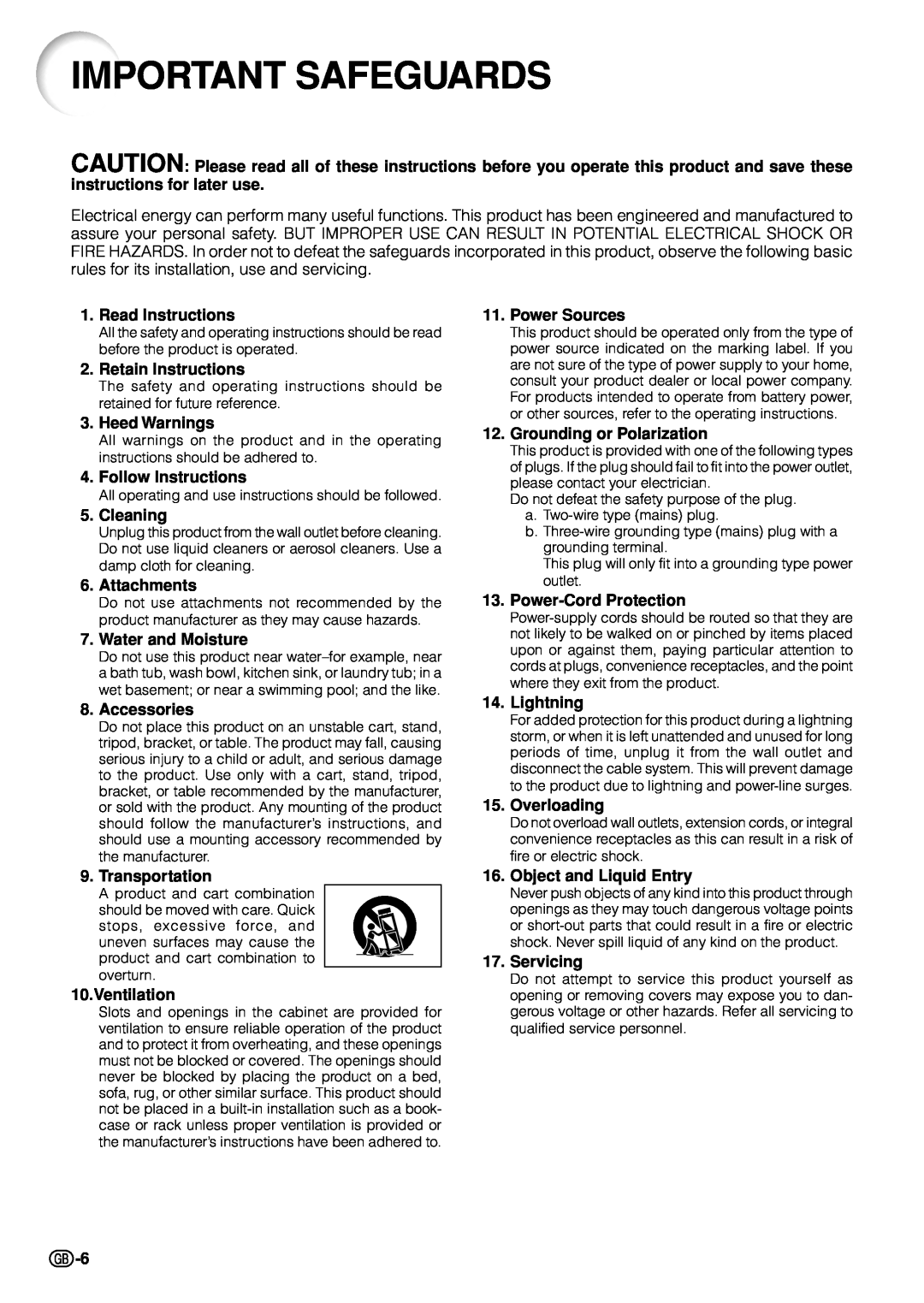Sharp PG-M20S operation manual Important Safeguards 