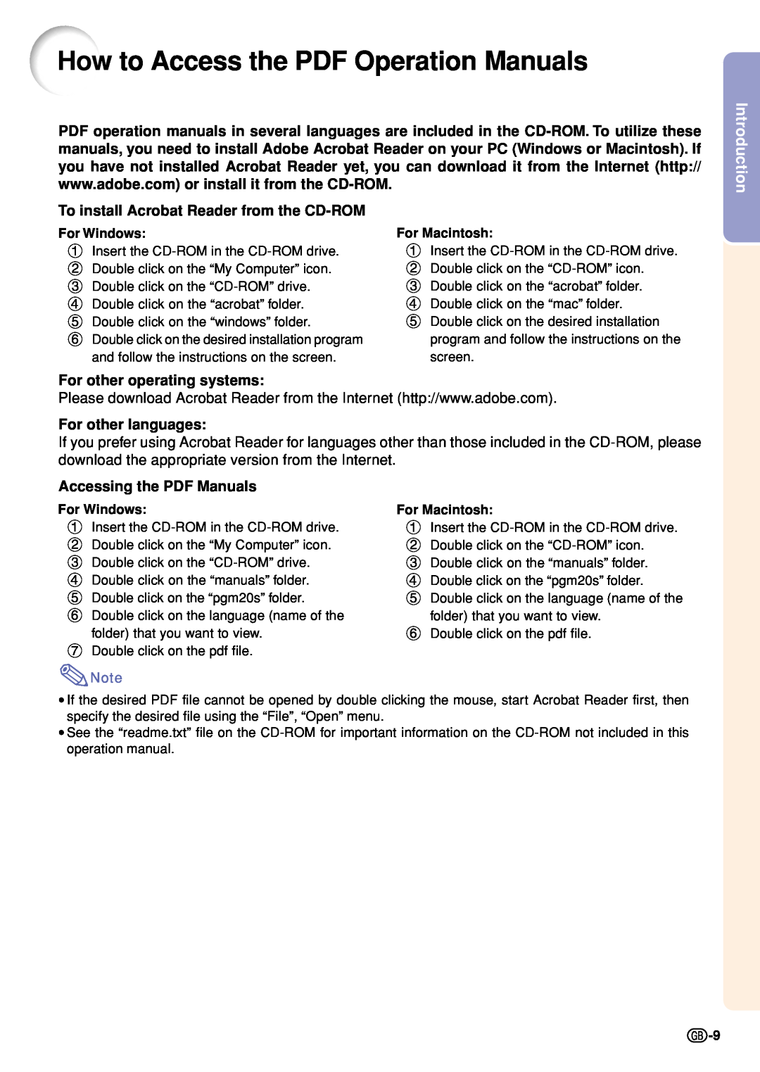 Sharp PG-M20S How to Access the PDF Operation Manuals, Introduction, To install Acrobat Reader from the CD-ROM 