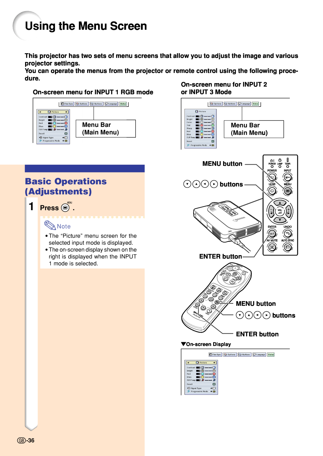 Sharp PG-M20S operation manual Using the Menu Screen, Basic Operations Adjustments, Press 