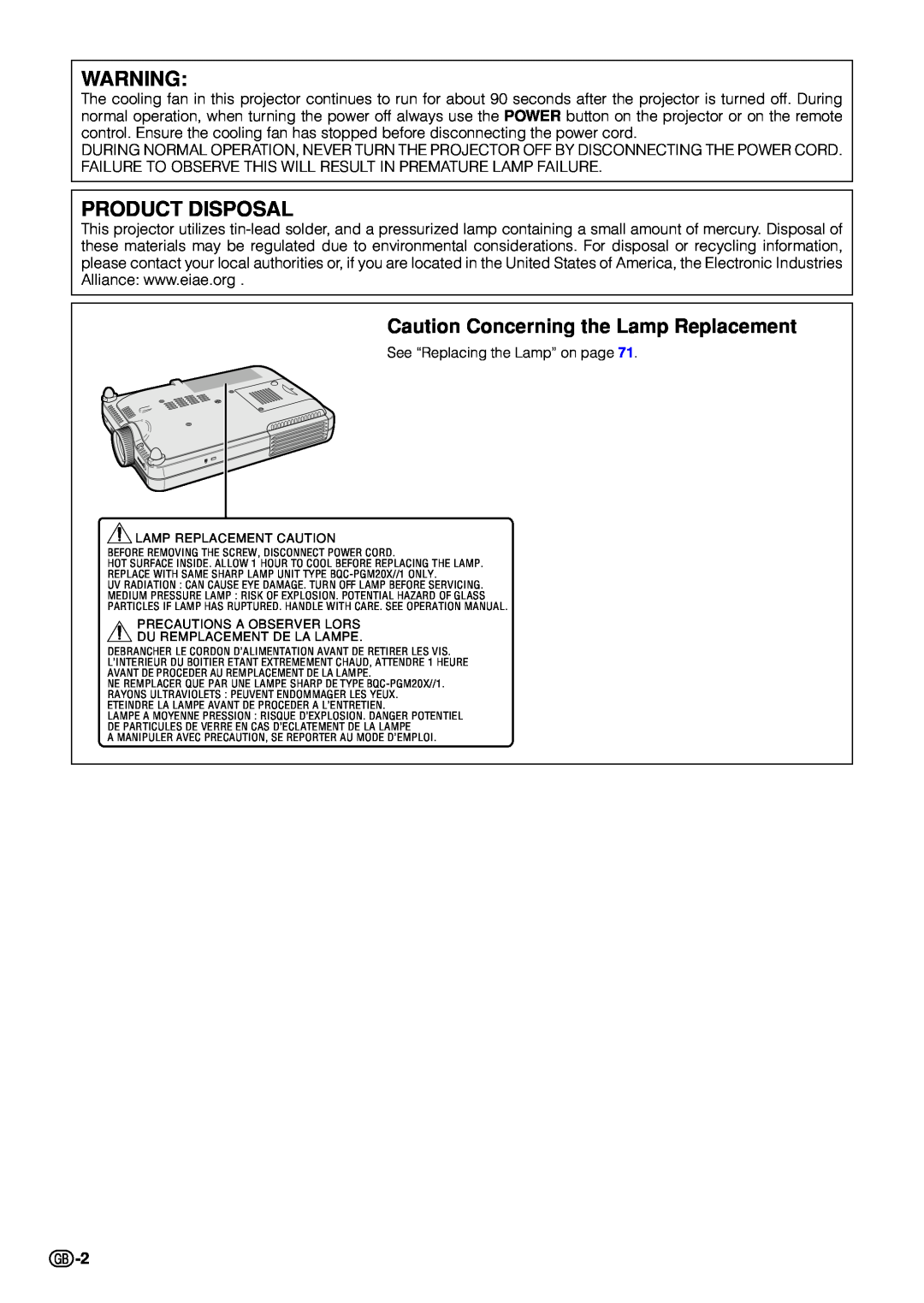 Sharp PG-M20S operation manual Product Disposal, Caution Concerning the Lamp Replacement 